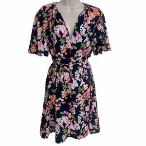 A New Day Floral Short Sleeve Pullover Mini Dress Tie Waist Large V Neck Multi